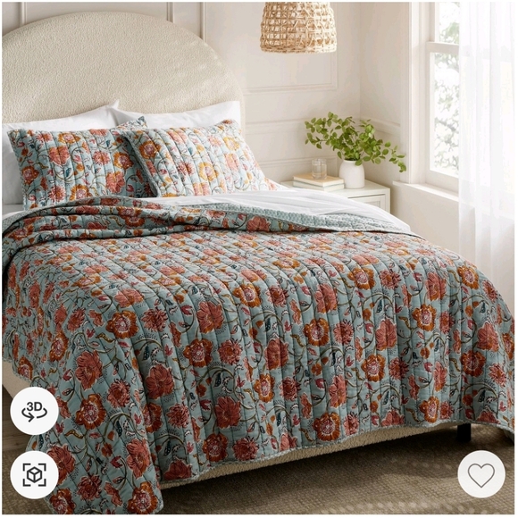 King Earthy Vines Quilt Light Teal Blue/Mustard Yellow/Light Pink Floral - Picture 1 of 7